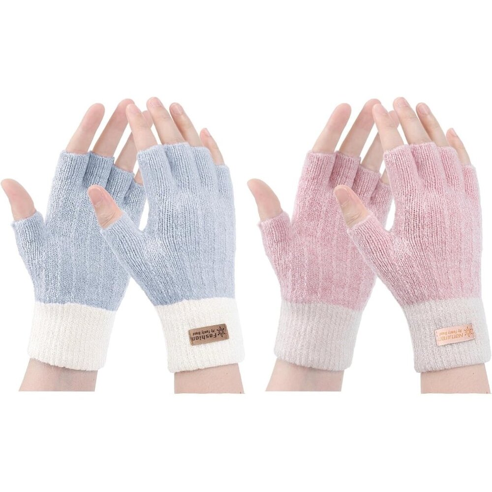 Women's Pink Blue Half Fingers Fingerless Cozy Lining Knitted Mittens Gloves